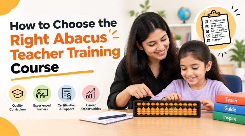 Abacus Teacher Training course with a teacher guiding a child through abacus learning.